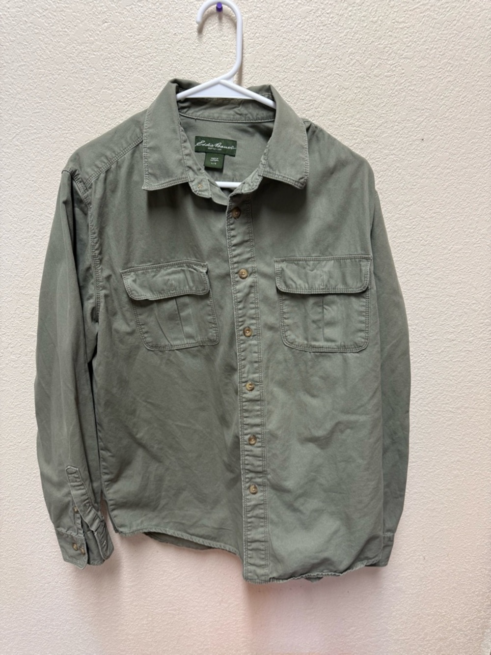 Men's Olive Green Eddie Bauer Utility Work Shirt with Two Chest Pockets Size L